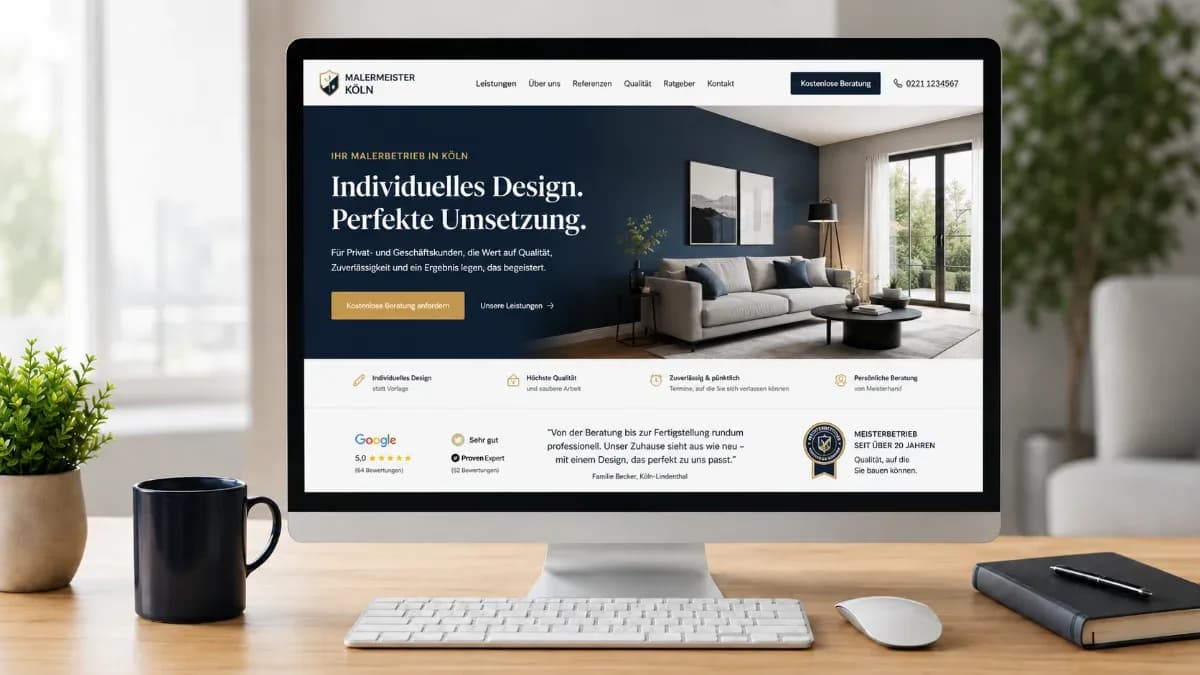 Fertige Website eines Malerbetriebs auf einem großen Monitor