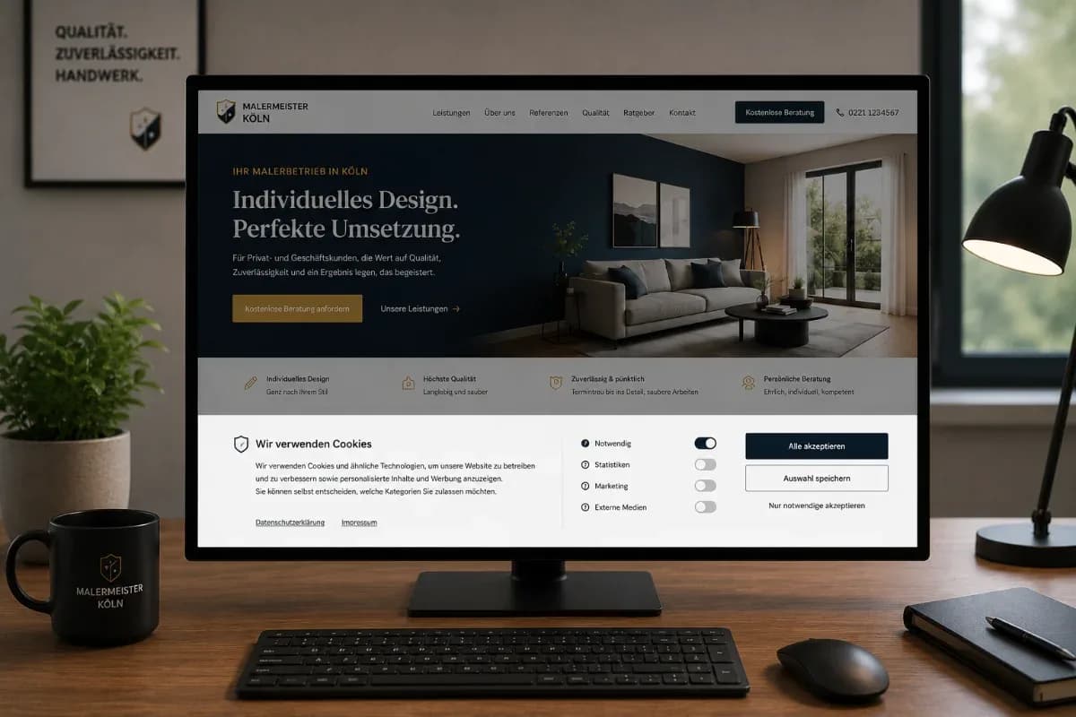 Website mit Cookie-Banner und Auswahl der Cookie-Kategorien
