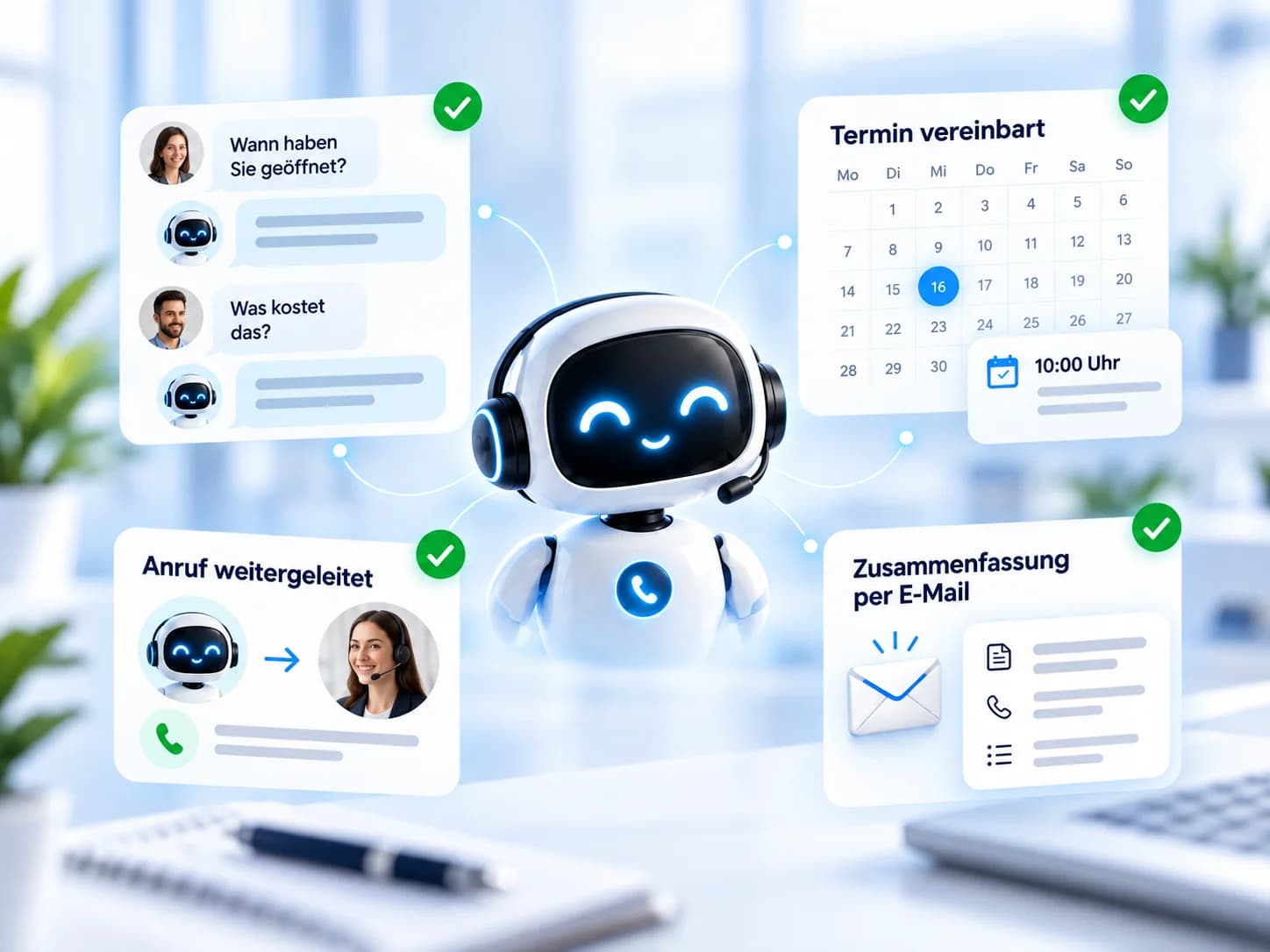 KI-Telefonassistent in der Mitte, umgeben von seinen Aufgaben: Fragen beantworten, Termin vereinbaren, Anruf weiterleiten und Zusammenfassung per E-Mail